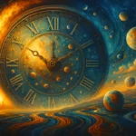 A vibrant cosmic scene featuring a large clock surrounded by planets, with swirling colors of blues and golds, evoking a sense of nostalgia.