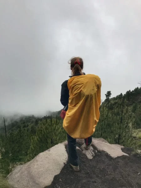 hiker Staring down the conifer-shrouded higher slope of volcan acatenango