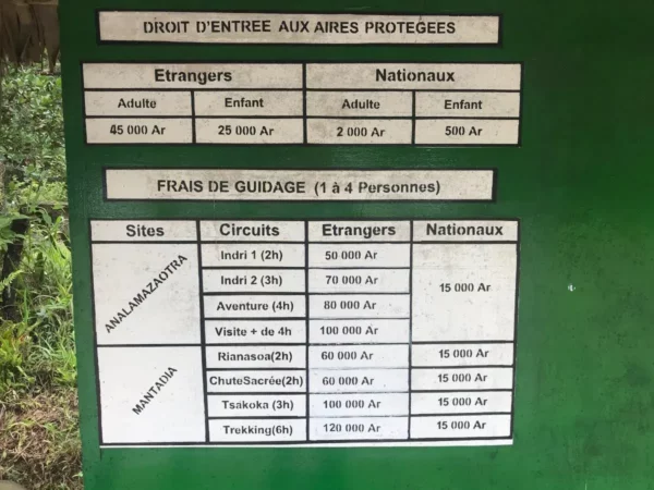 Andasibe National Park price table