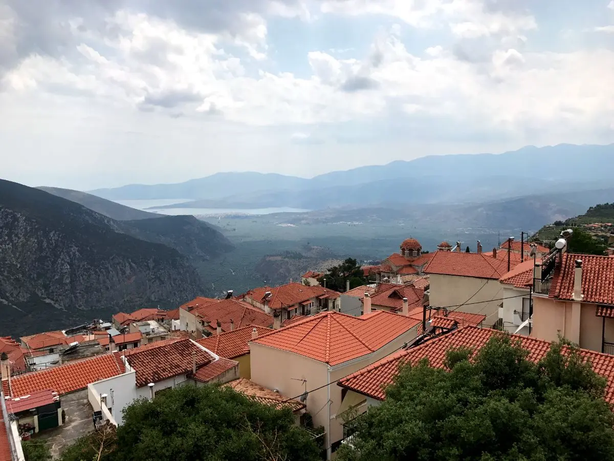 View of the sea and vast olive groves from the village of delphi in greece