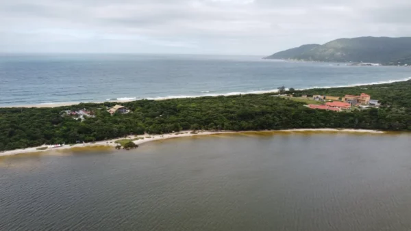 Aerial view of Armação Beach from above Lagoa do Peri