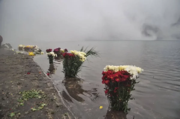 Flowers and rolling mist on the shore of laguna chicabal