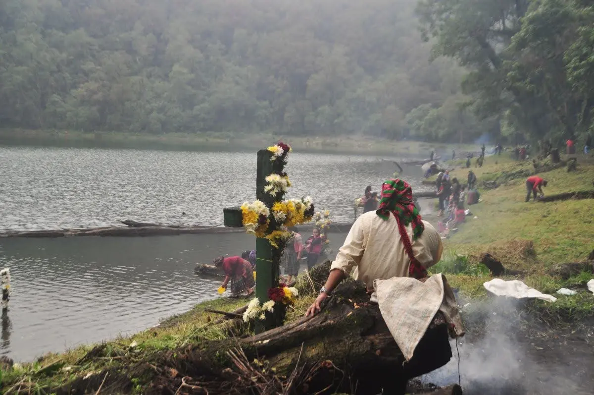 Imported cross used in maya rituals on shore of laguna chicabal