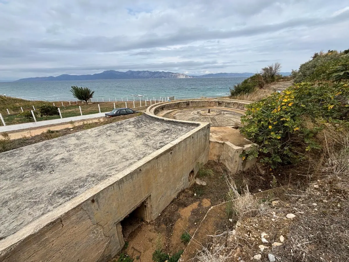 Base of big gun overlooking the Gulf of Artemision at world war 2 fortifications of metaxa on north coast of evia