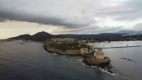 drone picture of Methoni Castle visited by a storm