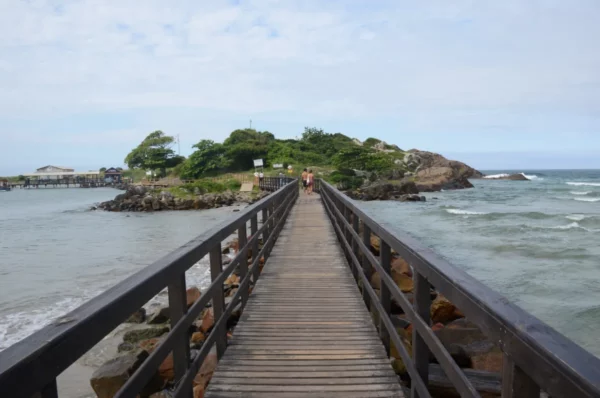 Crossing the wooden bridge over to punta das capmanhas island in armacao, florianopolis