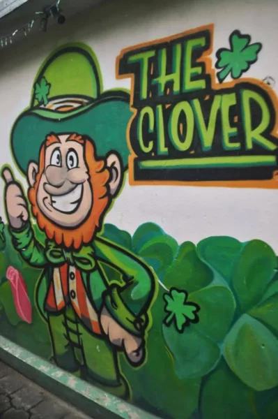 Leprechaun mural outside The Clover bar in San Pedro La Laguna, Lake Atitlán