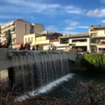 artificial waterfall in the central square of Trikala city in Greece