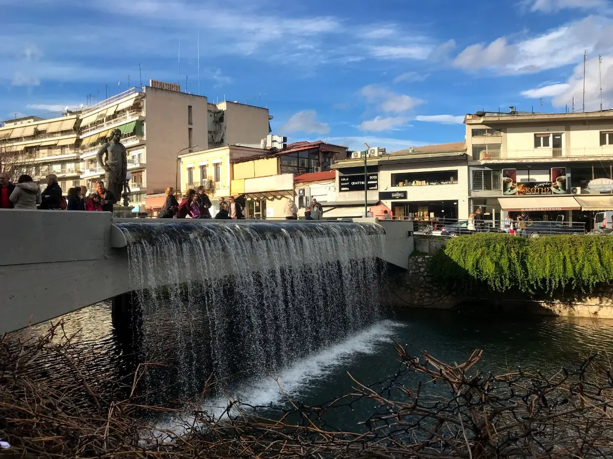 artificial waterfall in the central square of Trikala city in Greece