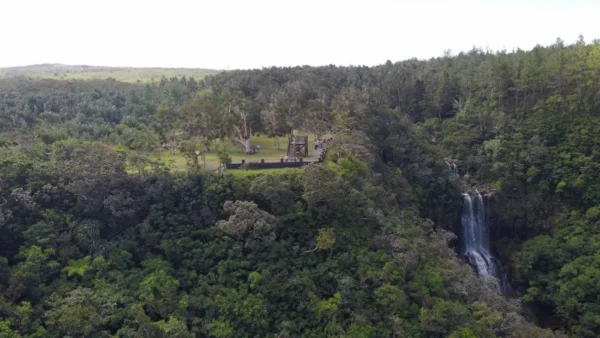 Vue aérienne lointaine des chutes Alexandra et du point de vue à l’île Maurice