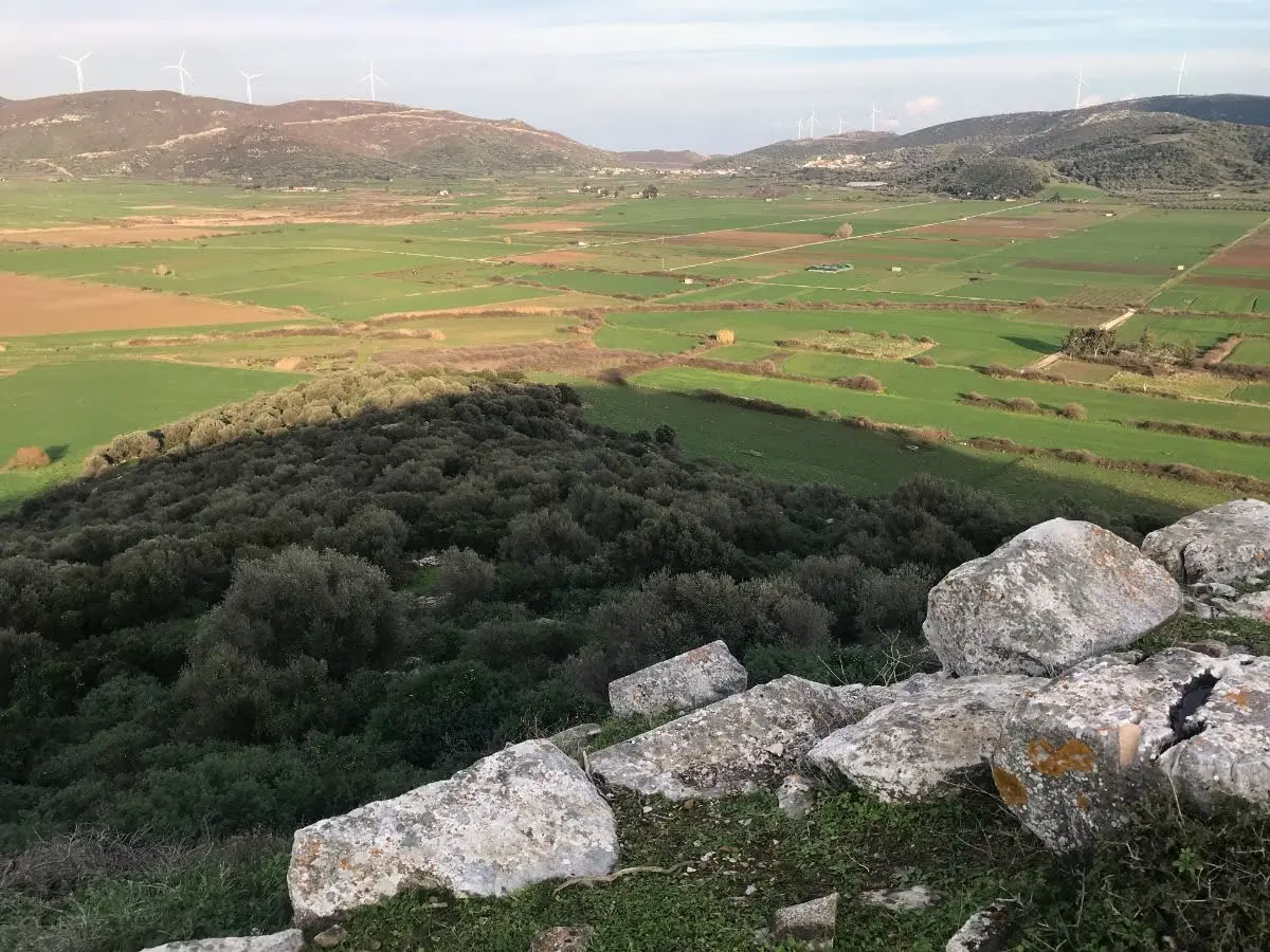 big old building rocks on slope of dystos hill on evia island