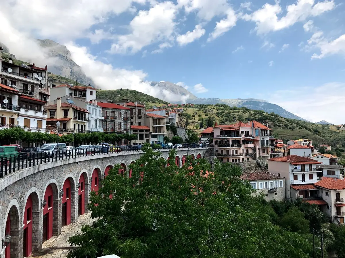 nice view of arachova mountain town in greece in the summer