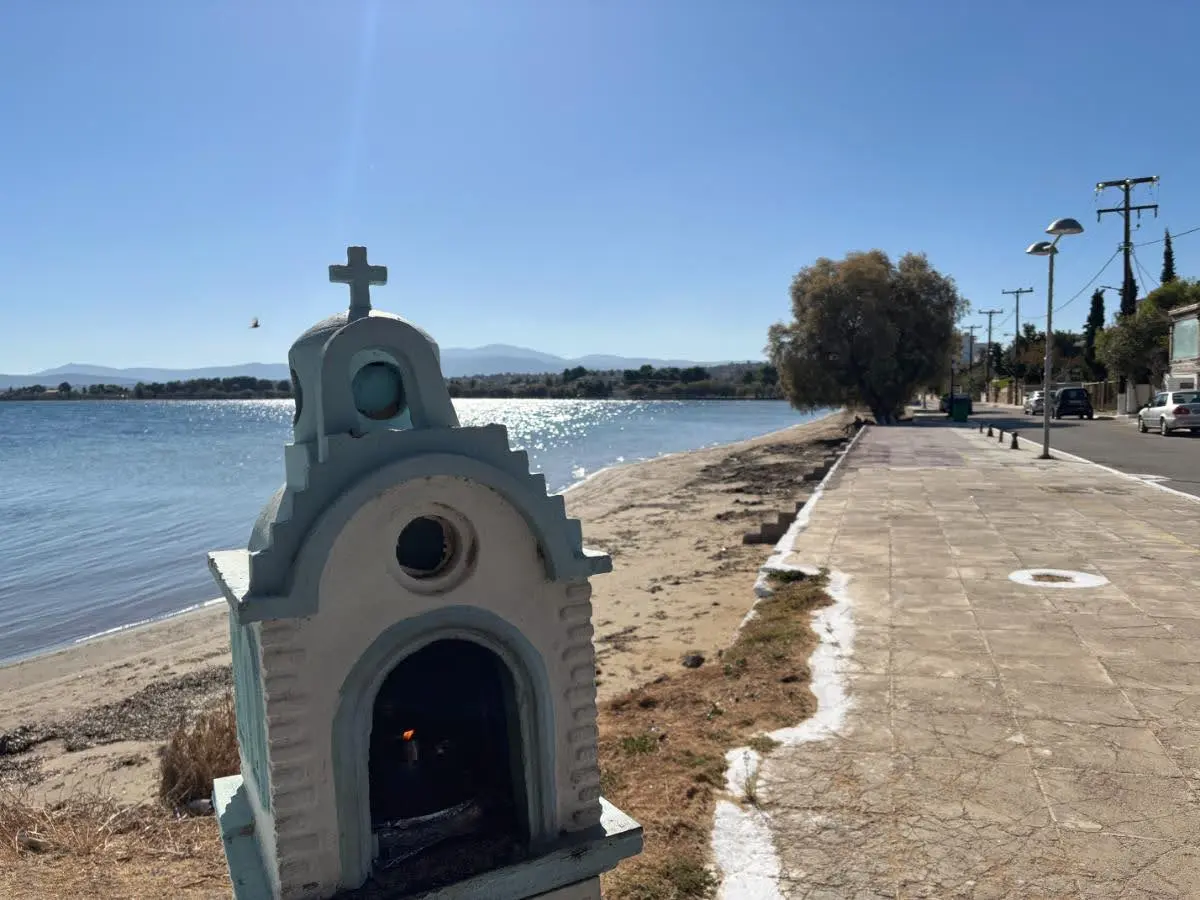 greek blue and white Shrine on the beach of avlida near chalkida