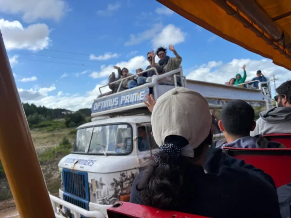 Crossing paths with the returning 4x4 truck along the off-road route to cabo polonio in uruguay