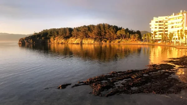 Tranquil waters reflect the golden hues of dawn in Chalkis, Euboea, with coastal greenery and modern buildings along the shoreline.