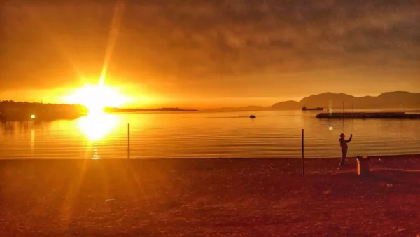 Golden sunset reflecting on calm waters, with a silhouette of a person enjoying the view in Chalkis, Euboea, Greece.