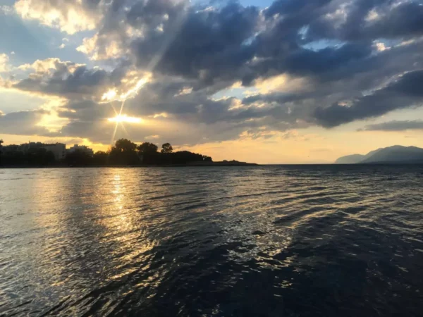 Golden sunset reflecting on calm waters near Chalkis, Euboea, Greece, with silhouetted trees lining the horizon.