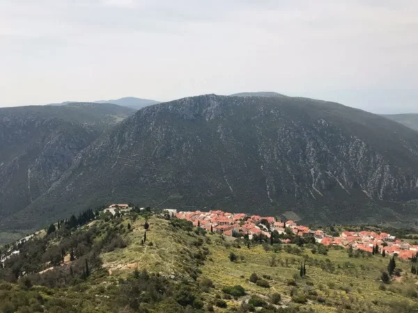 View of Delphi village from the beginning of the trail to the corycian cave