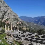 The Temple of Apollo at Delphi and the secluded valley on the slopes of mount parnassos