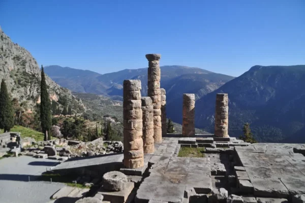 The entrance and few standing columns of the Temple of Apollo in delphi