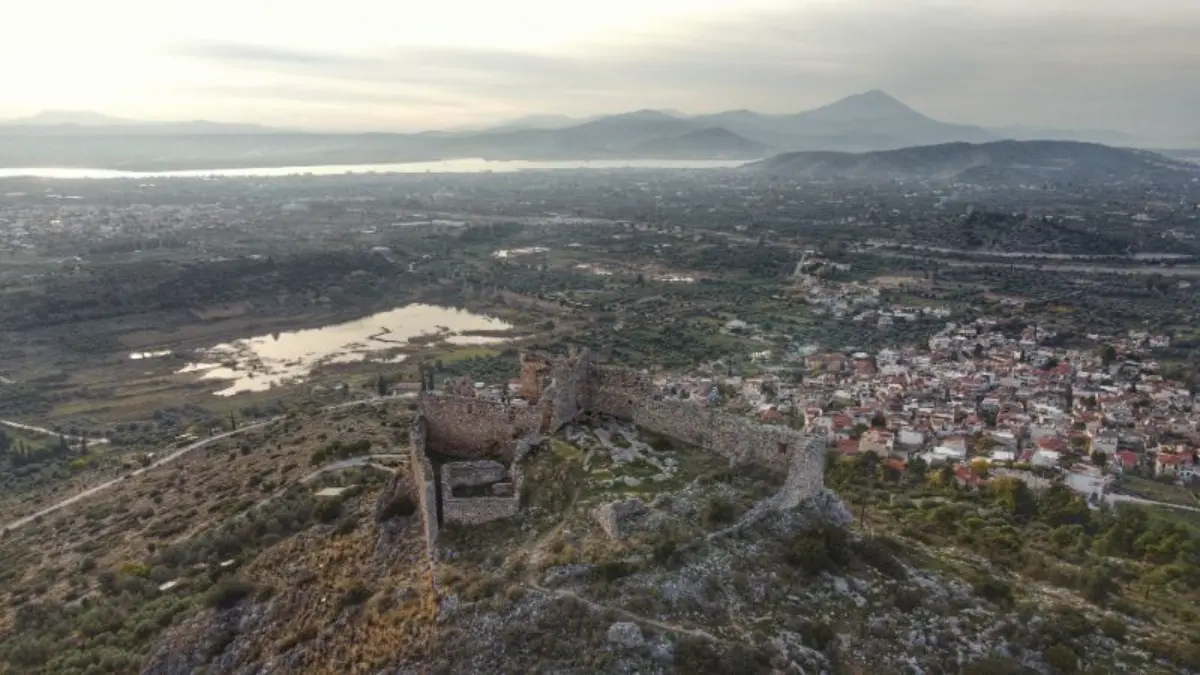 Aerial view of the castle and the vilalge of Fylla in evia, greece