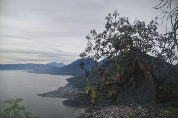 Majestic views of Lake Atitlán framed by lush greenery and mountains, showcasing the serene landscape of Guatemala.