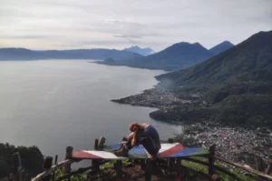 girl Enjoying a morning view of Lake Atitlán from the top indian nose viewpoint