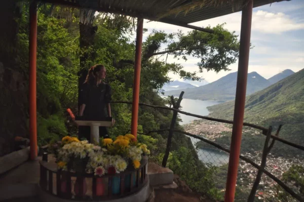 maya Shrine with a view of lake atitlan below the peak of indian nose in guatemala