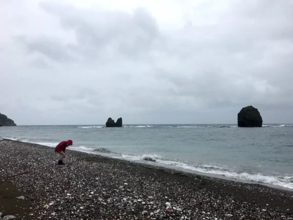 Pebble beach and sea stacks at Kymasi Beach near Mantoudi, Evia, Greece.