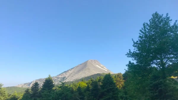 Majestic Mount Xerovouni rises against a clear blue sky, surrounded by lush greenery in Euboea, Greece.