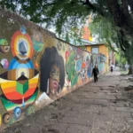 Colorful murals of girl and shapes in central Porto Alegre, brazil