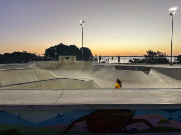 Skatepark by the river in Jaime Lerner park at the guiaba promenade of porto alegre