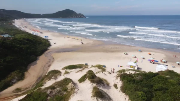 Waves crash on the sandy shores of Praia do Rosa, framed by lush green hills in Santa Catarina, Brazil. Bright umbrellas dot the beach.