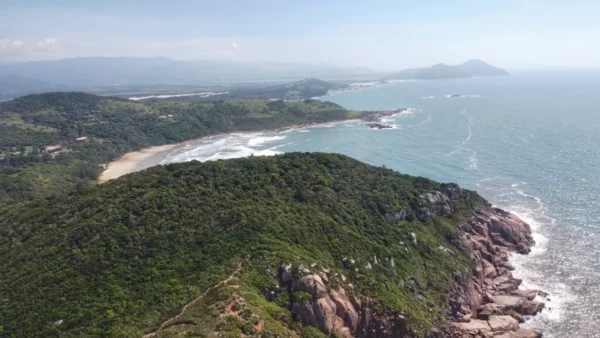 Lush green hills meet the turquoise waters of Praia do Rosa, showcasing a scenic coastline in Santa Catarina, Brazil.