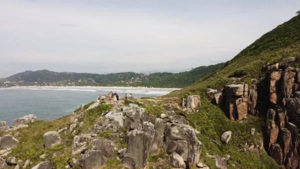 Rocky cliffs and lush greenery overlook the ocean at Praia do Rosa in Santa Catarina, Brazil, capturing the serene coastal landscape.