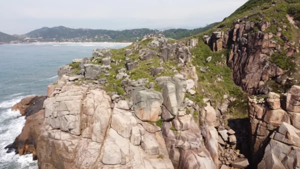 Rugged cliffs draped in green vegetation rise above the turquoise waters of Praia do Rosa, Santa Catarina, Brazil.
