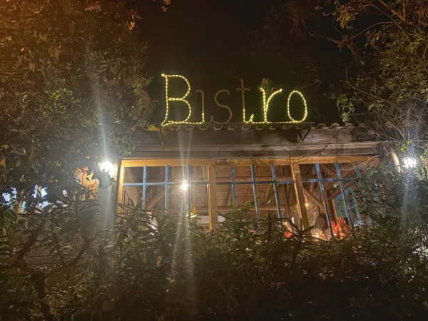 Cozy bistro illuminated by string lights, surrounded by lush greenery at Praia do Rosa, Santa Catarina, Brazil.