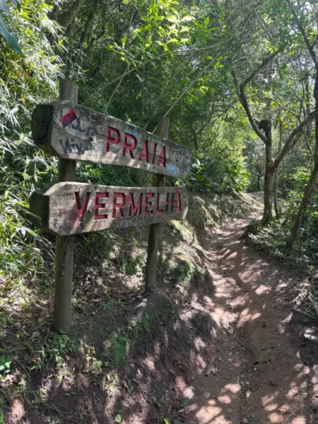 Wooden signs point the way along a lush path to Praia Vermelha and Praia do Rosa in Santa Catarina, Brazil.