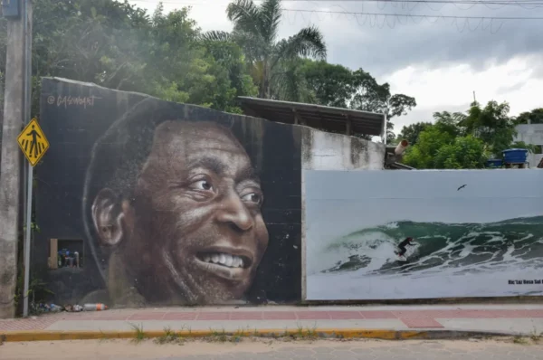 Mural depicting a smiling face with waves alongside, set against a backdrop of greenery in Praia do Rosa, Santa Catarina, Brazil.