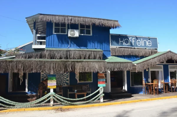 Charming blue café with thatched roof and outdoor seating in Praia do Rosa, Santa Catarina, Brazil, under a clear blue sky.