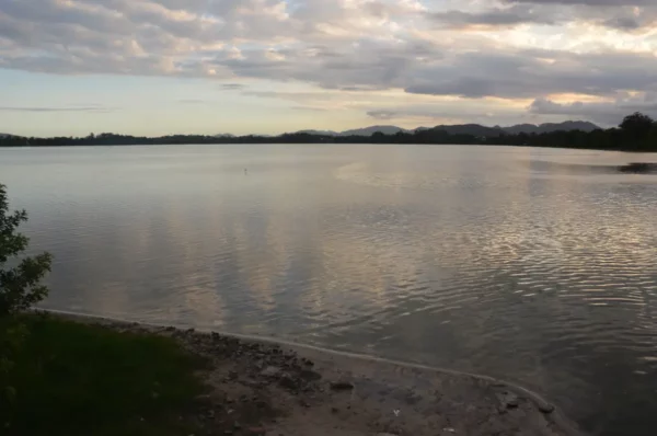 Tranquil waters reflecting a cloudy sky at Praia do Rosa, Santa Catarina, Brazil, with gentle ripples and greenery along the shore.