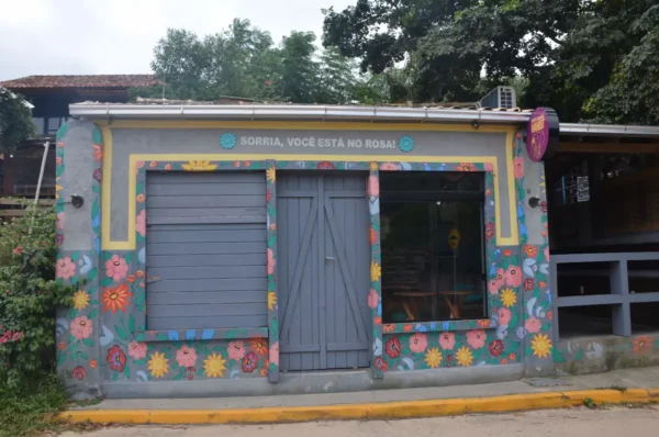 Colorful storefront adorned with floral murals in Praia do Rosa, Santa Catarina, Brazil, showcasing local charm and vibrant culture.