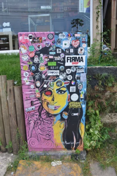 Colorful graffiti featuring a woman's face adorned with stickers near Praia do Rosa in Santa Catarina, Brazil.