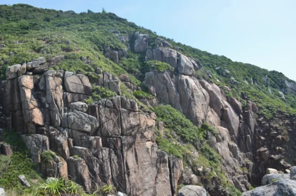Rugged cliffs covered in lush greenery rise steeply against a clear sky at Praia do Rosa, Santa Catarina, Brazil.