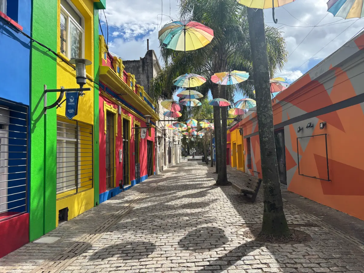 colorful umbrellas hanging over street in rocha, uruguay