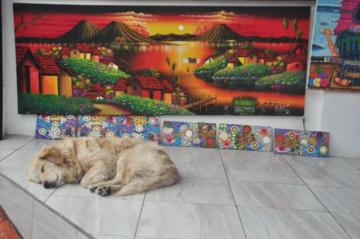 Sleeping dog on a tiled floor in front of a colorful naïf-style painting depicting Lake Atitlán, village houses, and surrounding volcanoes in San Juan La Laguna, Guatemala.