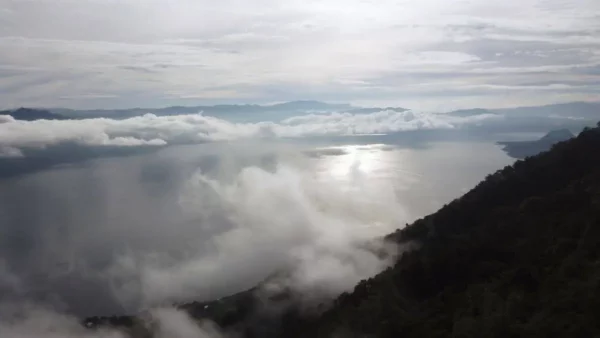 drone picture of lake atitlan from slope of volcan san pedro
