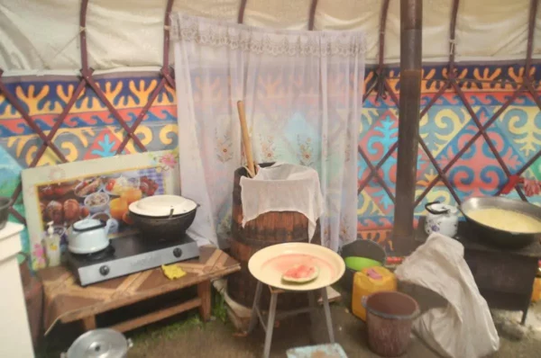 kitchen in a yurt in a kyrgyz nomad camp