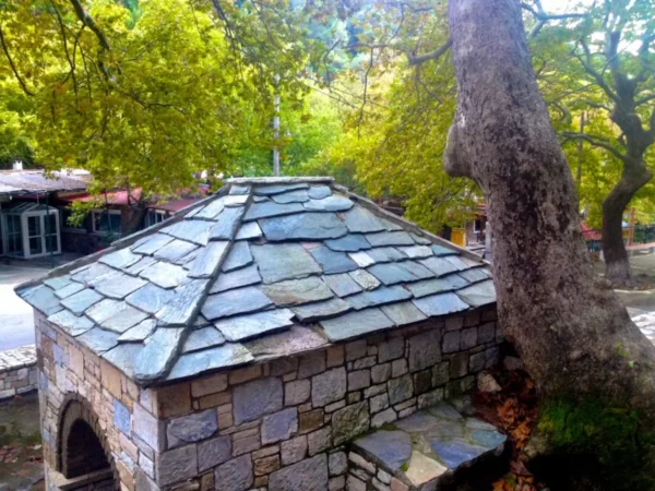 Charming stone building with a slate roof nestled among vibrant green trees in Xerovouni.
