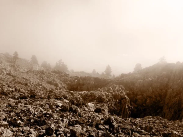 Lush, rocky terrain shrouded in mist at Xerovouni, showcasing a rugged landscape with muted earthy tones.